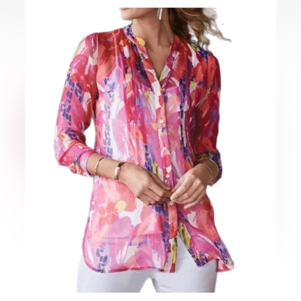 Soft Surroundings Floral Sheer Shirt Festival Blouse Size MP Medium Petite